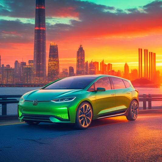 A stylized illustration of a sleek, electric vehicle with a green glow surrounding it, set against a cityscape at sunset, with coins and leaves bursting out of the car's windows and doors.