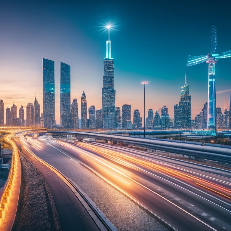 A futuristic cityscape at dusk with sleek, silver EVs zooming by, their LED headlights illuminating a curved, neon-lit highway, surrounded by towering skyscrapers and wind turbines in the background.