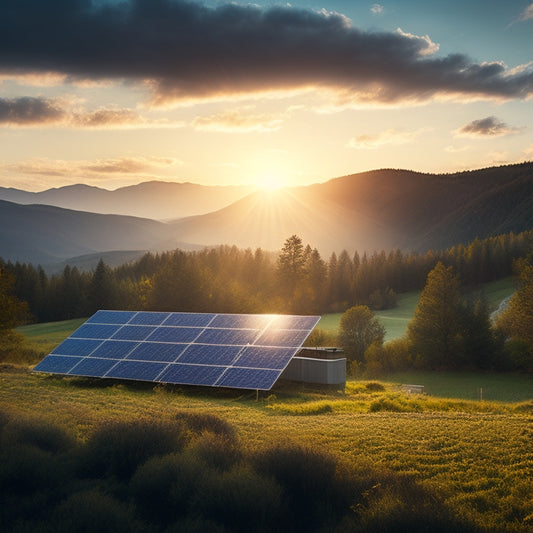 A serene landscape with a solar panel array in the foreground, surrounded by hills and trees, with sunbeams and gentle clouds, conveying a sense of harmony and precision.