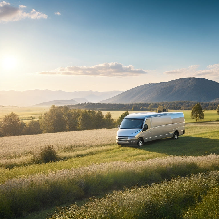 A serene, sun-kissed landscape with a sleek, silver van in the distance, solar panels on its roof, and a few wind turbines spinning gently in the background, surrounded by lush greenery.