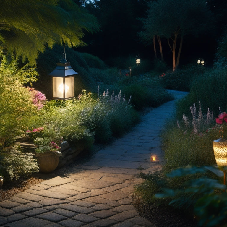 A serene nighttime garden scene with a meandering stone path, surrounded by lush greenery and vibrant flowers, illuminated by soft, warm, and gentle solar-powered lanterns in various shapes and sizes.