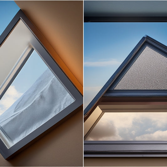A split-screen image of a skylight window with different weatherstripping materials applied: foam tape, felt, vinyl, and metal, each with varying degrees of compression and gap sizes.