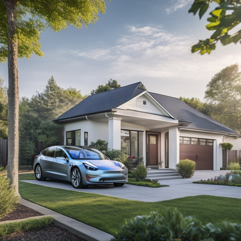 A modern, sleek, and well-manicured suburban home with a Tesla Model 3 parked in the driveway, an EV charger installed on the side of the house, and vibrant greenery surrounding the property.