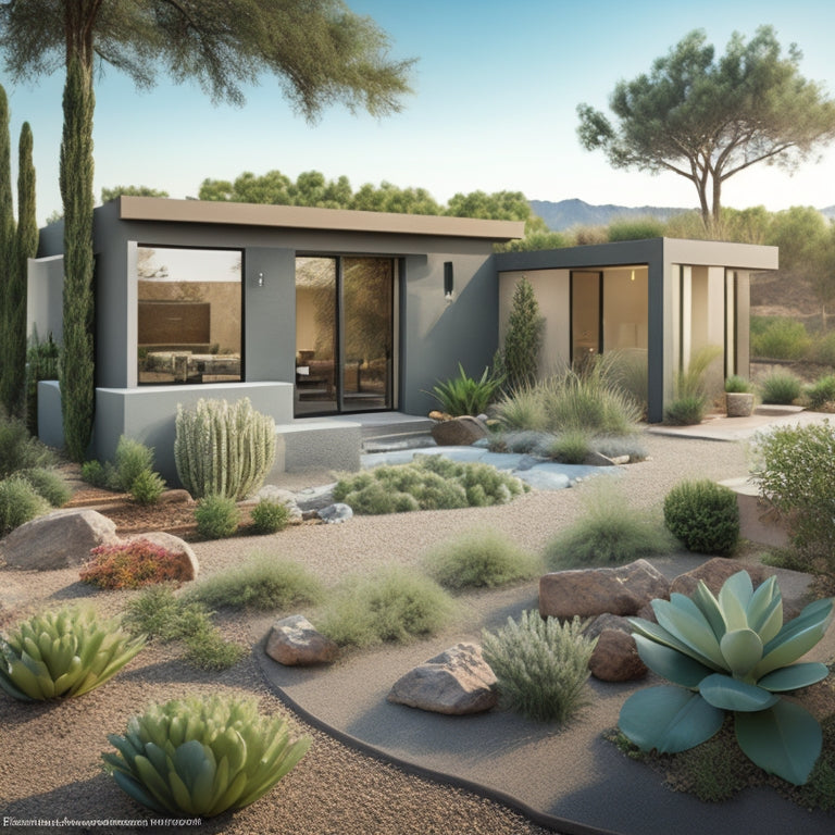 An illustration of a modern, sustainable home with a lush green garden, surrounded by a subtle, arid landscape, featuring a discreet greywater filtration system integrated into the outdoor space.