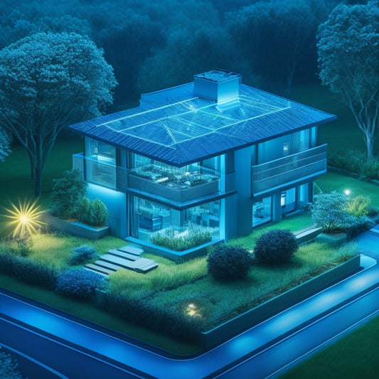 A stylized illustration of a house with glowing blue lines and circuits, surrounded by lush greenery, with a subtle cityscape in the background, conveying eco-friendliness and modern technology.