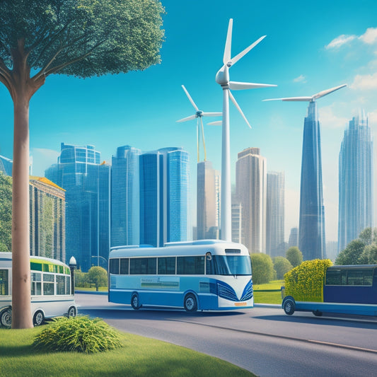 A stylized illustration of a cityscape with sleek, eco-friendly vehicles, such as electric buses and hybrid delivery vans, amidst lush greenery and wind turbines, symbolizing a sustainable urban environment.