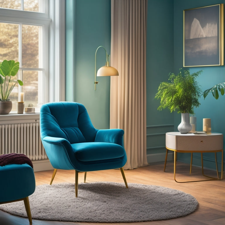 A serene, warmly lit living room with a plush, velvet-upholstered Viva Lift Metro chair prominently centered, surrounded by minimalist decor and a subtle, calming color palette.