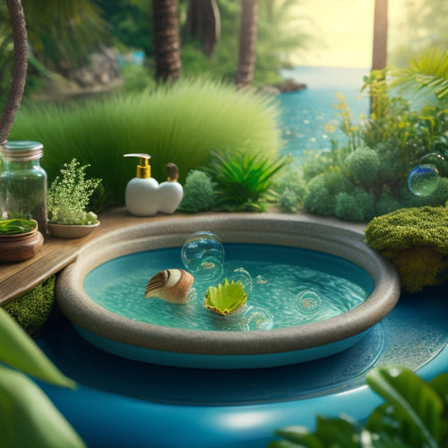 A serene kitchen sink scene with a few delicate soap bubbles floating on the water's surface, surrounded by lush greenery and a few strategically placed seashells, conveying eco-friendliness.