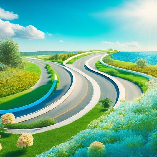 An illustration of a stylized, curved road unfolding like a ribbon, surrounded by blooming greenery, with sleek, modern electric vehicles in motion, set against a bright blue, sunny sky.