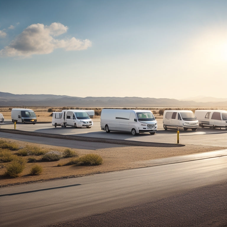 A serene, sunny landscape with a fleet of white vans, each equipped with sleek, black solar panels on the roof, parked in a row, with a subtle glow emanating from the panels.