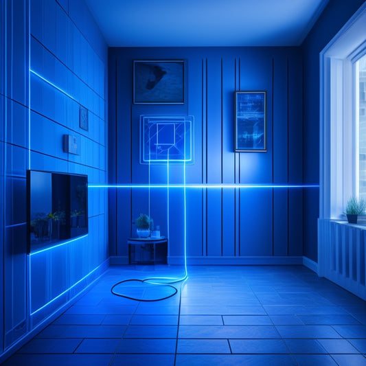 An illustration of a modern home with glowing blue circuits and wires underneath the walls, showcasing a smart plug installed in an outlet, surrounded by a faint grid pattern in the background.