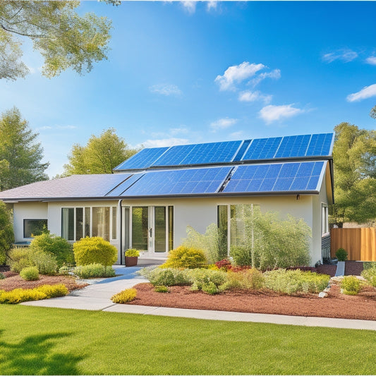 A modern, eco-friendly home with large, triple-paned windows, a sleek rooftop solar panel array, and a lush green backyard, set against a bright blue sky with a few wispy clouds.
