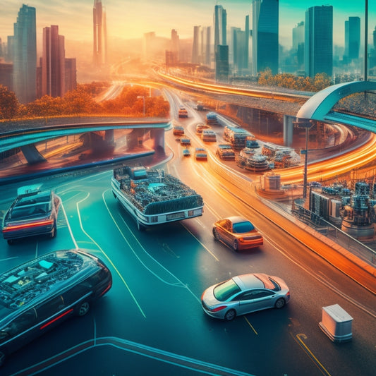 A futuristic cityscape with sleek, electric vehicles whizzing by, amidst a maze of hidden gears, wires, and cogs, with subtle hints of batteries, charging stations, and circuit boards in the background.
