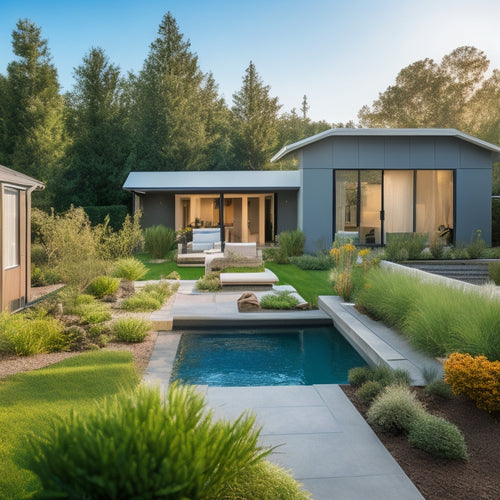 A serene, modern sustainable home backyard with lush greenery, featuring a discreetly installed greywater system, complete with a high-performance pump, amidst a subtle background of solar panels and a rainwater harvesting tank.