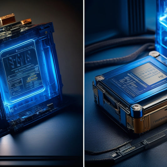 A split-screen image featuring a sleek, modern lithium-ion battery with shiny metallic casing and glowing blue circuits on one side, and a traditional lead-acid battery with rusty terminals and worn labels on the other.