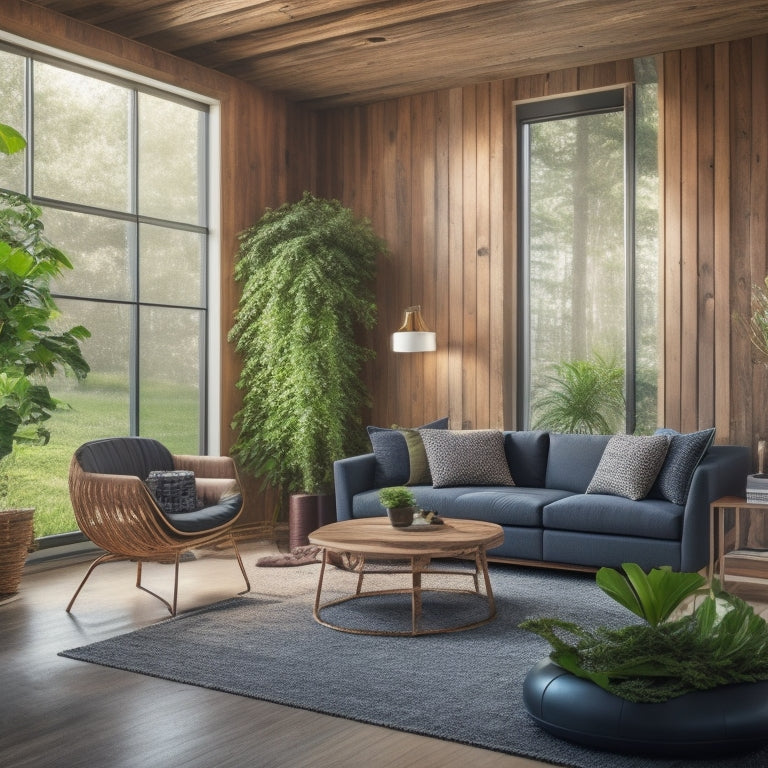 A serene living room with a reclaimed wood accent wall, lush greenery, and a sleek, minimalist electric car charging station, illuminated by natural light pouring in through large windows.