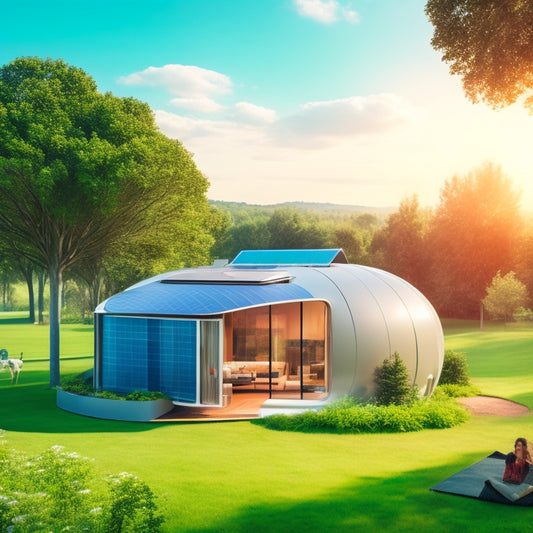 A futuristic smart home with solar panels, a wind turbine, and a battery bank, surrounded by a lush green garden, with a subtle cityscape in the background, conveying self-sufficiency and eco-friendliness.