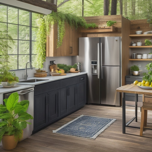 A modern, eco-friendly kitchen with sleek, stainless steel appliances, including a Energy Star-rated refrigerator, induction cooktop, and a compact dishwasher, set against a backdrop of reclaimed wood and lush greenery.
