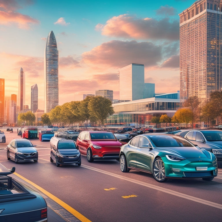 An illustration of a cityscape with various types of electric vehicle charging stations, including Level 2, DC Fast Charging, and Tesla Superchargers, alongside a fleet of diverse vehicles, including cars, trucks, and buses.