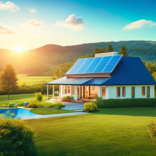 A serene landscape with a suburban house featuring solar panels on the roof, a meter spinning backwards, and a small wind turbine in the distance, surrounded by lush greenery and a bright blue sky.