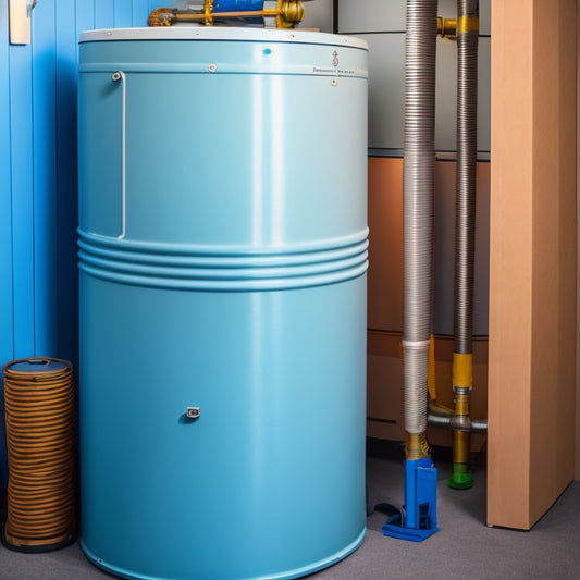 A close-up of a heat pump water heater with sound-dampening materials wrapped around it, including foam pipes, acoustic tape, and a DIY-built soundproofing box.