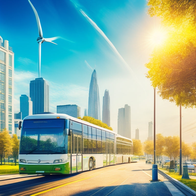 A stylized illustration of a cityscape with sleek, electric buses and green-topped buildings, surrounded by swirling wind patterns and leaves, amidst a bright blue sky with few, puffy clouds.