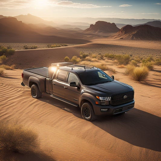 A dramatic, high-angled shot of a rugged, black pickup truck parked in a sun-scorched desert landscape, with sleek, black solar panels seamlessly integrated into the truck bed.