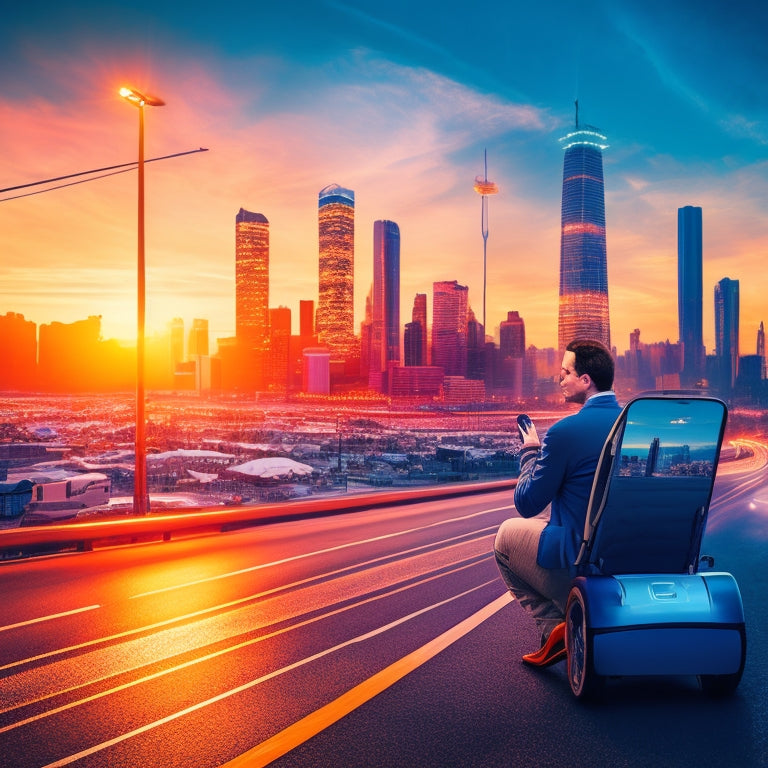 An illustration of a person standing in front of a cityscape at sunset, holding a smartphone with a charging cable plugged into an electric vehicle, surrounded by swirling digital lines and icons representing convenience, speed, and sustainability.