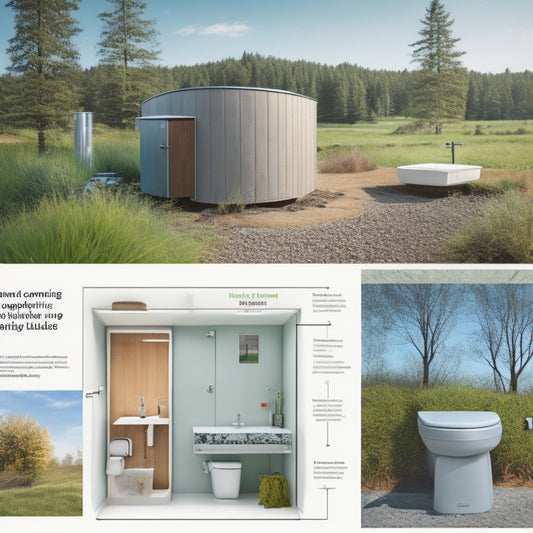 A split-screen illustration: a modern composting toilet in a sleek, eco-friendly bathroom on the left, and a septic system diagram with pipes and tanks in a green, natural setting on the right.
