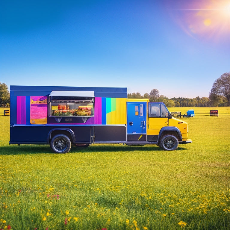 A colorful illustration of a food truck parked in a sunny meadow, with a sleek off-grid solar power system installed on its roof, featuring sleek black panels and shiny metal mounts.