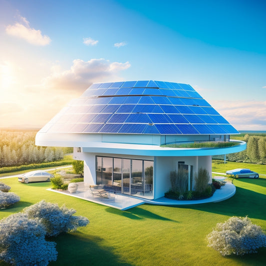 A futuristic, sleek, modern home with a rooftop covered in a mosaic of solar panels, greenery, and wind turbines, set against a bright blue sky with fluffy white clouds.