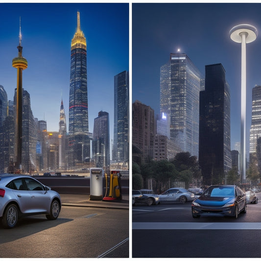 A split-screen image: on the left, a dimly lit, worn-out gas pump with a few sparse, wilted electric vehicle charging cables in the background; on the right, a bustling cityscape with a few EVs amidst a sea of traditional fuel-based vehicles.