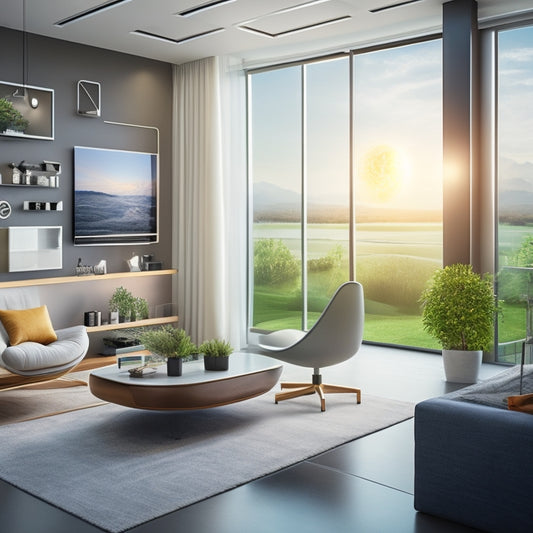 A futuristic home interior with sleek, modern furniture, featuring a large, wall-mounted smart display showcasing a battery icon, surrounded by various smart devices and a few solar panels in the background.