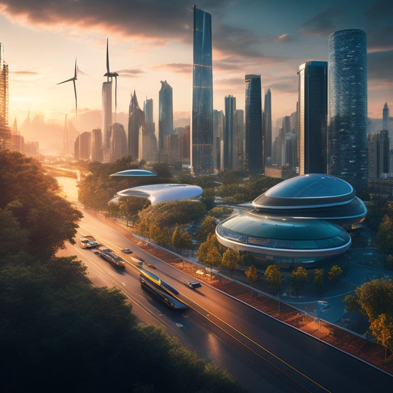 A futuristic cityscape at dusk with sleek skyscrapers, wind turbines, and solar panels integrated into rooftops, surrounded by lush greenery and a network of electric vehicle charging stations.