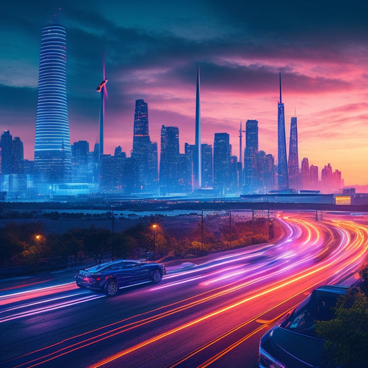A futuristic cityscape at dusk with sleek, glowing electric vehicles zooming by, surrounded by towering skyscrapers and wind turbines, amidst a vibrant, neon-lit atmosphere.