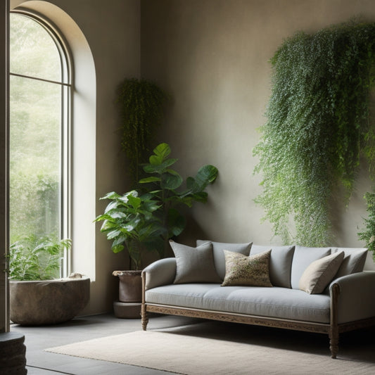 A serene living room with a natural lime plaster living wall, featuring lush greenery and vines, with soft, warm lighting and a minimalist wooden bench in the foreground.
