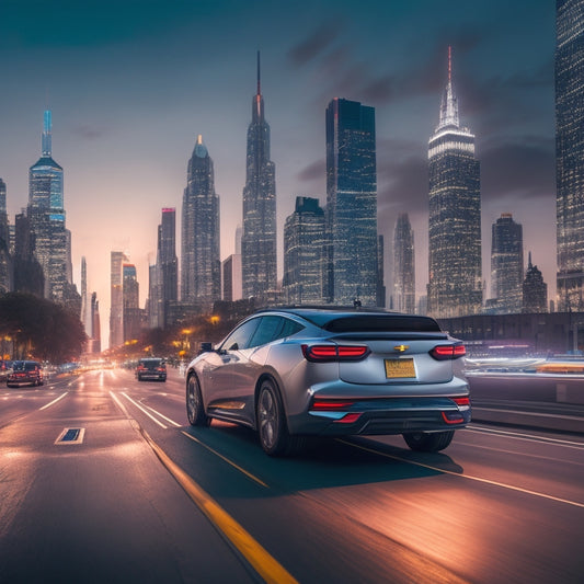 A futuristic cityscape at dusk with sleek, silver Chevrolet electric vehicles (EVs) in motion, illuminated headlights and taillights streaking across the frame, amidst a backdrop of neon-lit skyscrapers and bustling streets.