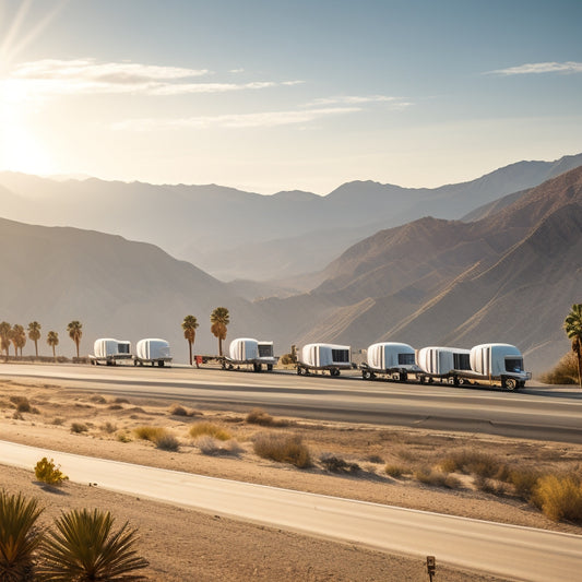 A fleet of sleek, silver electric trucks, with bold, aerodynamic lines, drive down a sun-kissed California highway, surrounded by palm trees, with the Sierra Nevada mountains in the distant background.