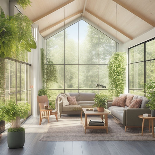 A serene, open-plan living space with a sleek, eco-friendly HVAC system integrated into the ceiling, surrounded by lush greenery and large windows filtering in natural light.