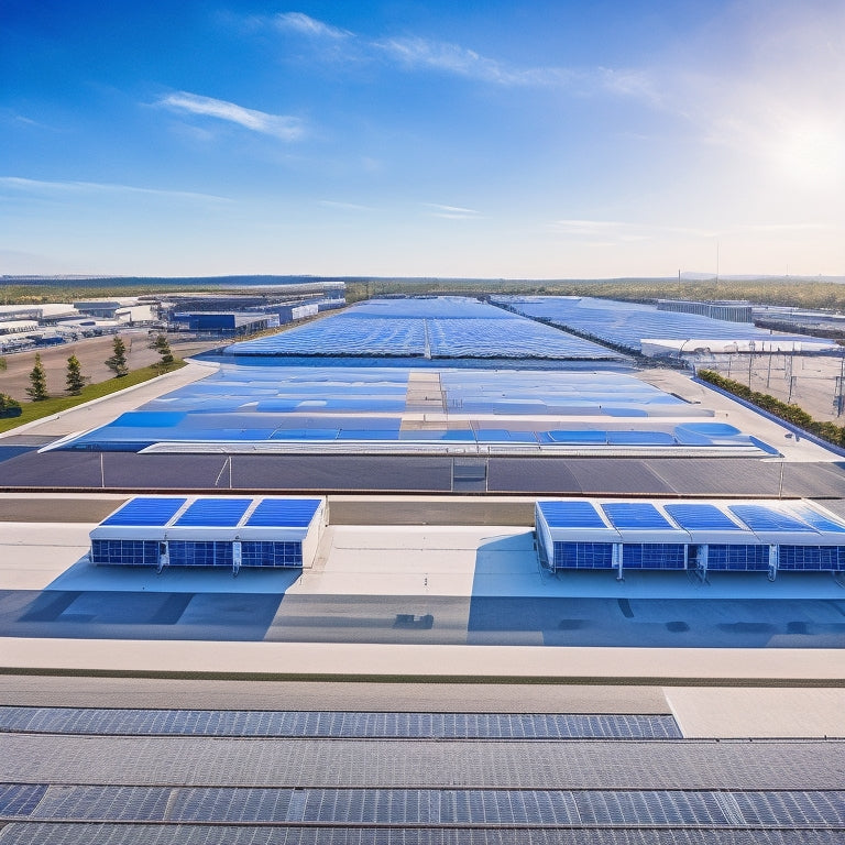 An aerial view of a sprawling commercial complex with rows of solar panels installed on rooftops, surrounded by semi-trucks and vans, with a bright blue sky and fluffy white clouds.