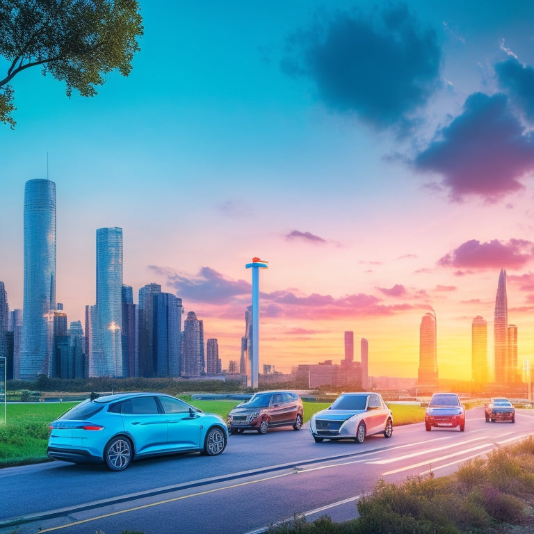 A futuristic cityscape at dusk with sleek, electric vehicles zooming by, surrounded by vibrant greenery, with a prominent, gleaming, silver EV charging station at the center, set against a bright blue sky with subtle, white clouds.