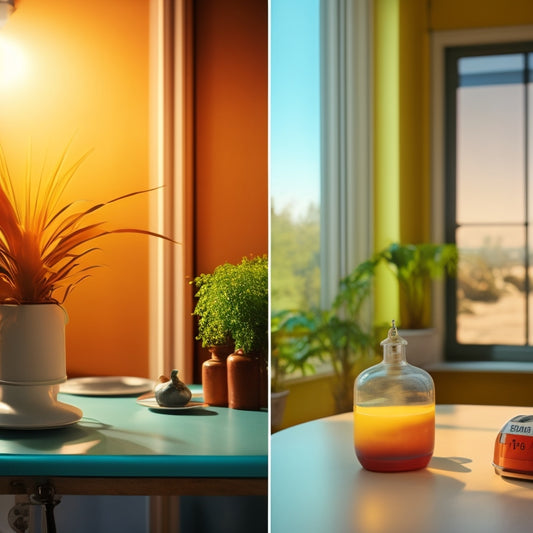 A split-screen image: a bright, sun-drenched room with open shades and a thermometer in the background showing a high temperature, contrasted with a darker, cooler room with closed automated shades.