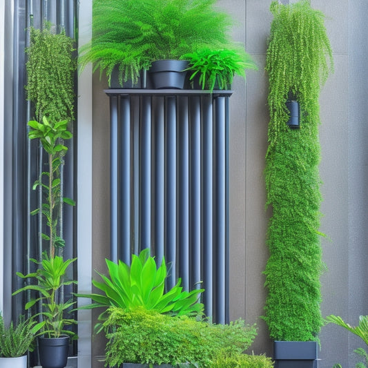 A serene, modern vertical garden with lush greenery and vibrant flowers, featuring a sleek, self-watering system with thin, silver pipes and circular misting nozzles, against a sleek, gray concrete wall.
