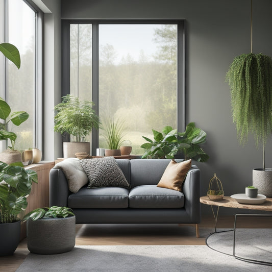 A modern living room with a large window, a few potted plants, and a sleek, minimalist thermostat on the wall, surrounded by subtle greenery and natural textures, conveying eco-friendliness and sustainability.