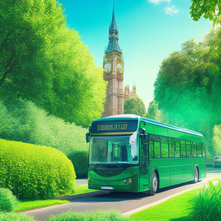 A stylized illustration of a bright green London cityscape with a Tootbus and a VEV vehicle parked side by side, surrounded by lush greenery and vines, under a sunny blue sky.