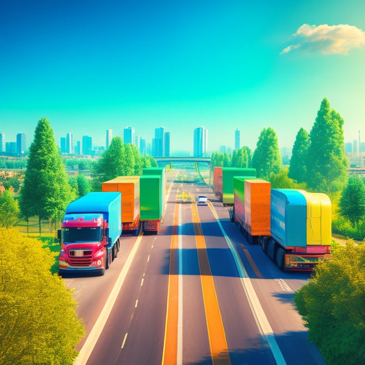 A stylized illustration of a cityscape with a prominent highway, featuring a convoy of colorful electric trucks driving in unison, with bright green trees and a sunny blue sky in the background.