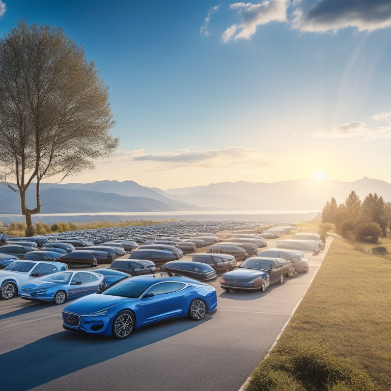 A serene landscape with a fleet of electric vehicles parked in a row, adorned with sleek solar panels on their roofs, set against a bright blue sky with a subtle sunburst.