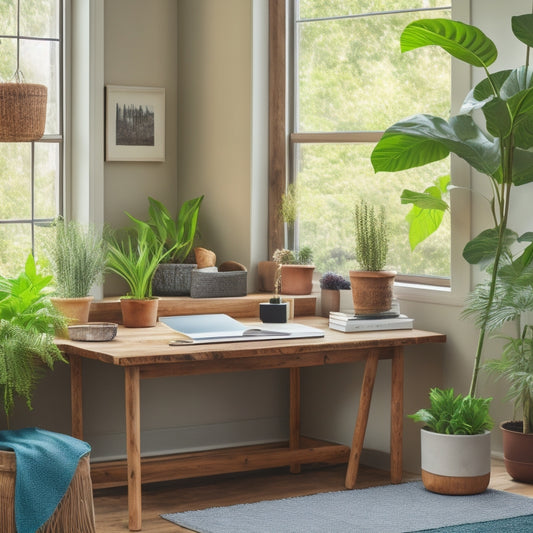 A serene home office with a reclaimed wood desk, surrounded by lush greenery, featuring a minimalist cleaning caddy with eco-friendly products, a bamboo duster, and a small potted plant on the windowsill.
