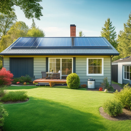A serene backyard with a suburban home, featuring a roof-mounted solar water heater with shiny black tubes and a silver tank, amidst lush greenery and a clear blue sky.