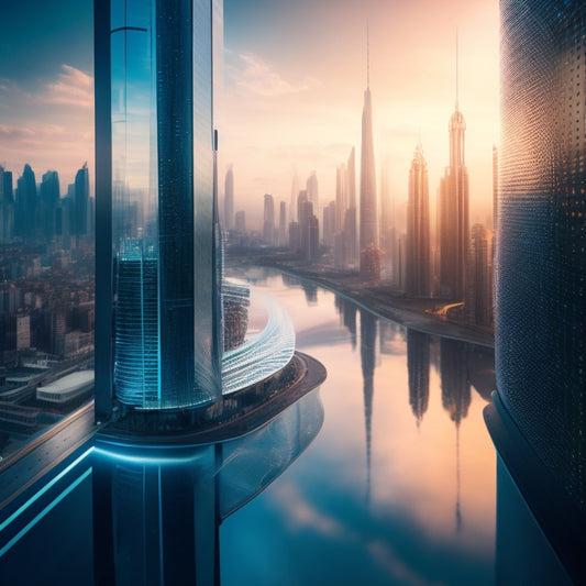 A futuristic cityscape with sleek skyscrapers, one of which features a smart window with a subtle, iridescent sheen, reflecting a faint, wavy pattern of microscopic water droplets being effortlessly repelled.
